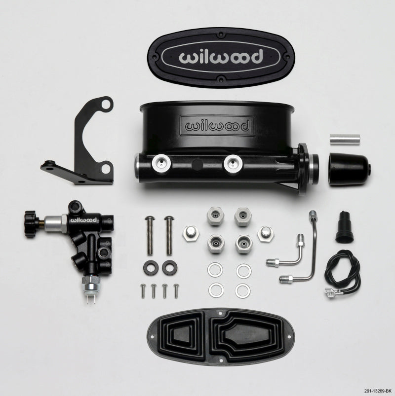 Wilwood HV Tandem M/C Kit w L/H Bracket & Prop Valve - 1in Bore Black.
