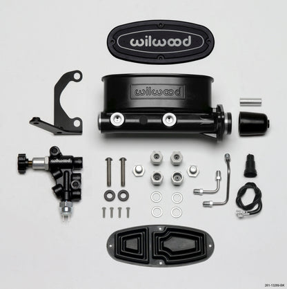 Wilwood HV Tandem M/C Kit w L/H Bracket & Prop Valve - 1in Bore Black.